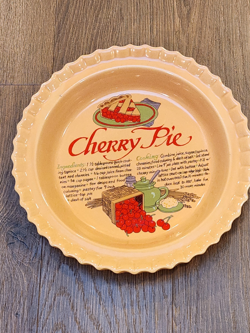 Vintage 1980s Cherry Pie Recipe Ceramic Deep Dish Baking Plate | MINT